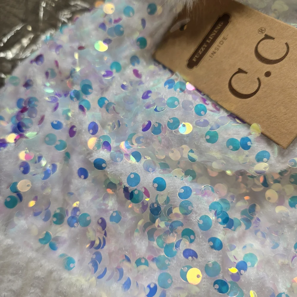 C.C Kids White Iridescent Sequin Pom Hat